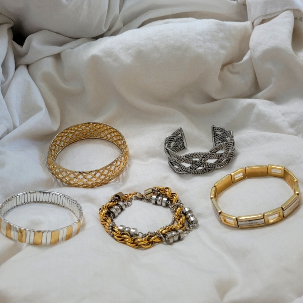 Lot 5 Mixed Metal Vintage Gold Silver Toned Bangle Cuff Stretch Clasp Bracelets